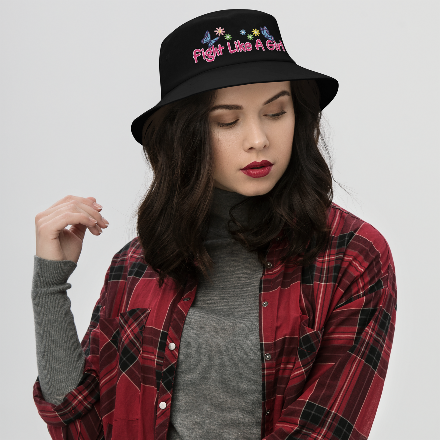 • Embroidered Bucket Hat in Cotton, 'Fight Like A a Girl'