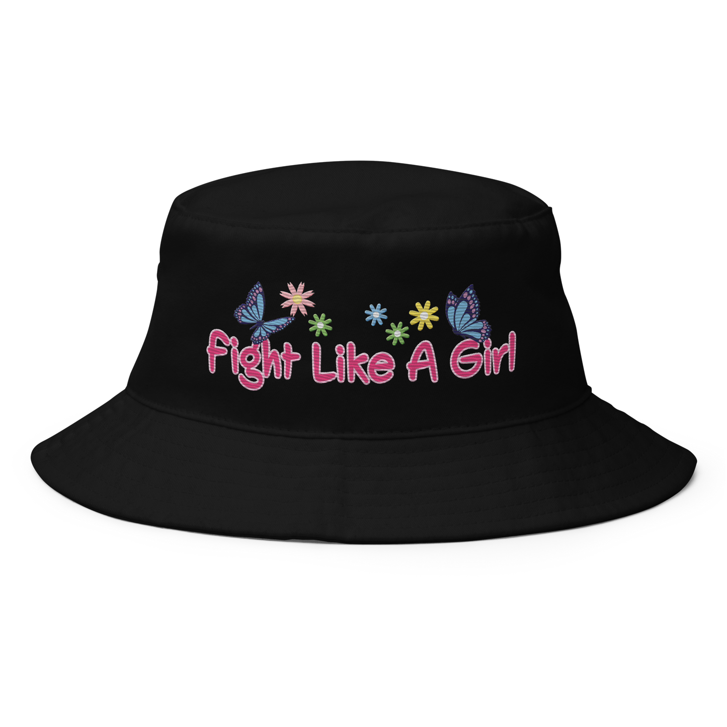 • Embroidered Bucket Hat in Cotton, 'Fight Like A a Girl'