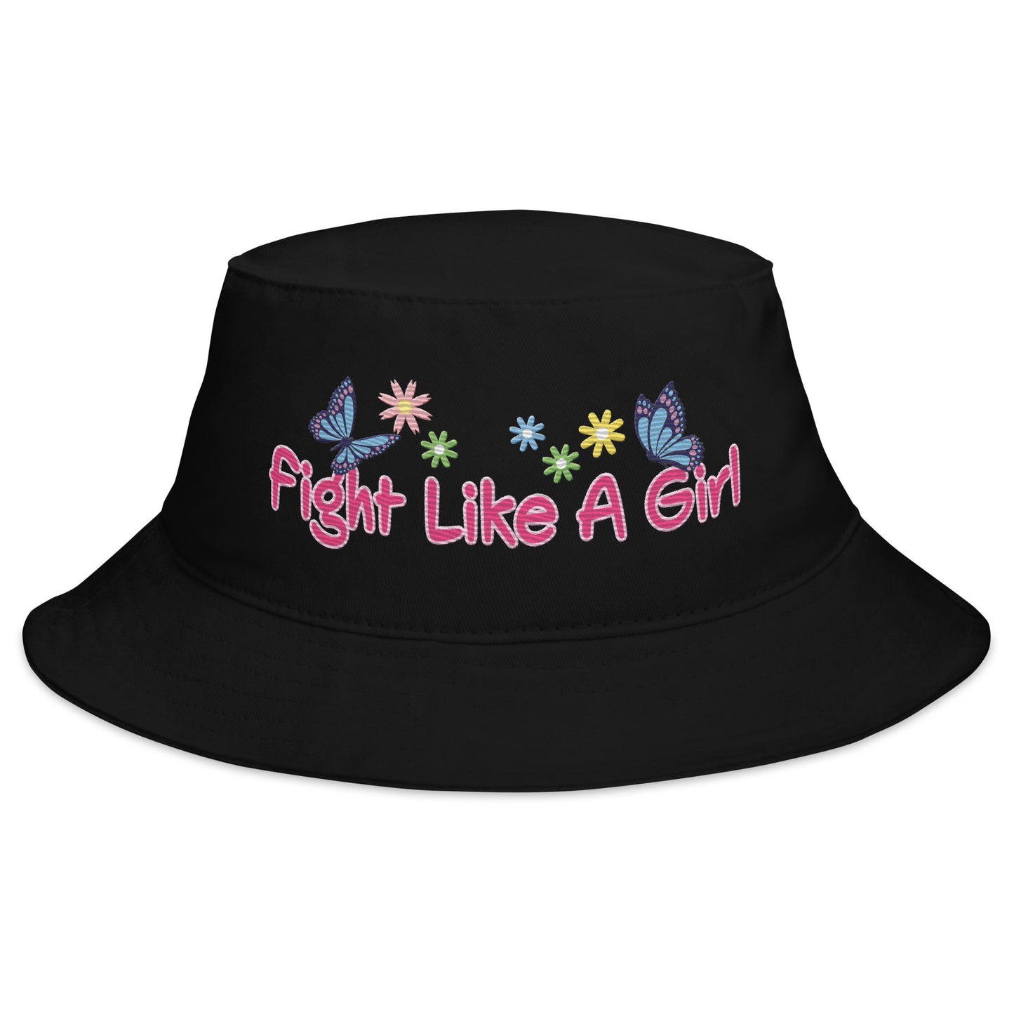 • Embroidered Bucket Hat in Cotton, 'Fight Like A a Girl'