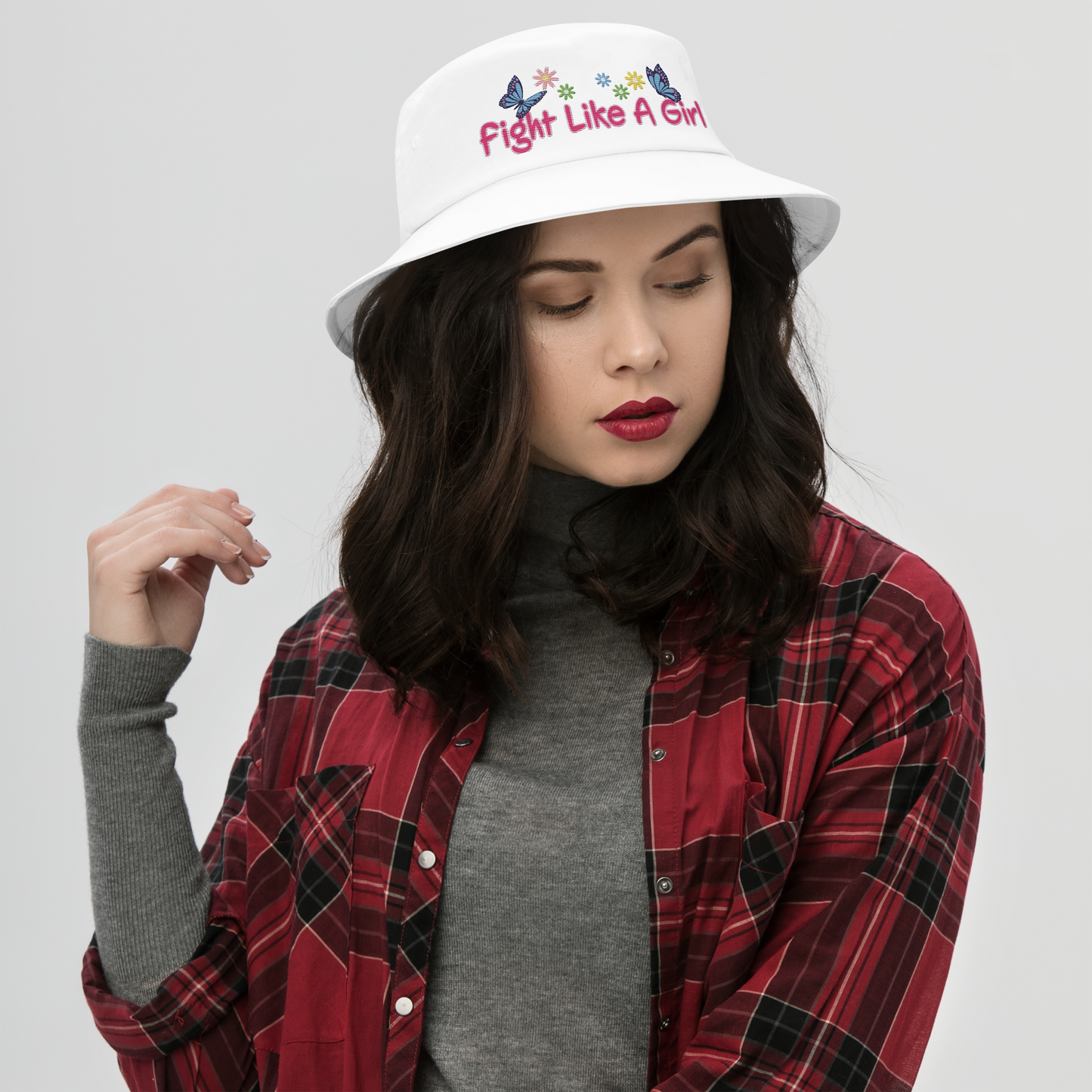 • Embroidered Bucket Hat in Cotton, 'Fight Like A a Girl'