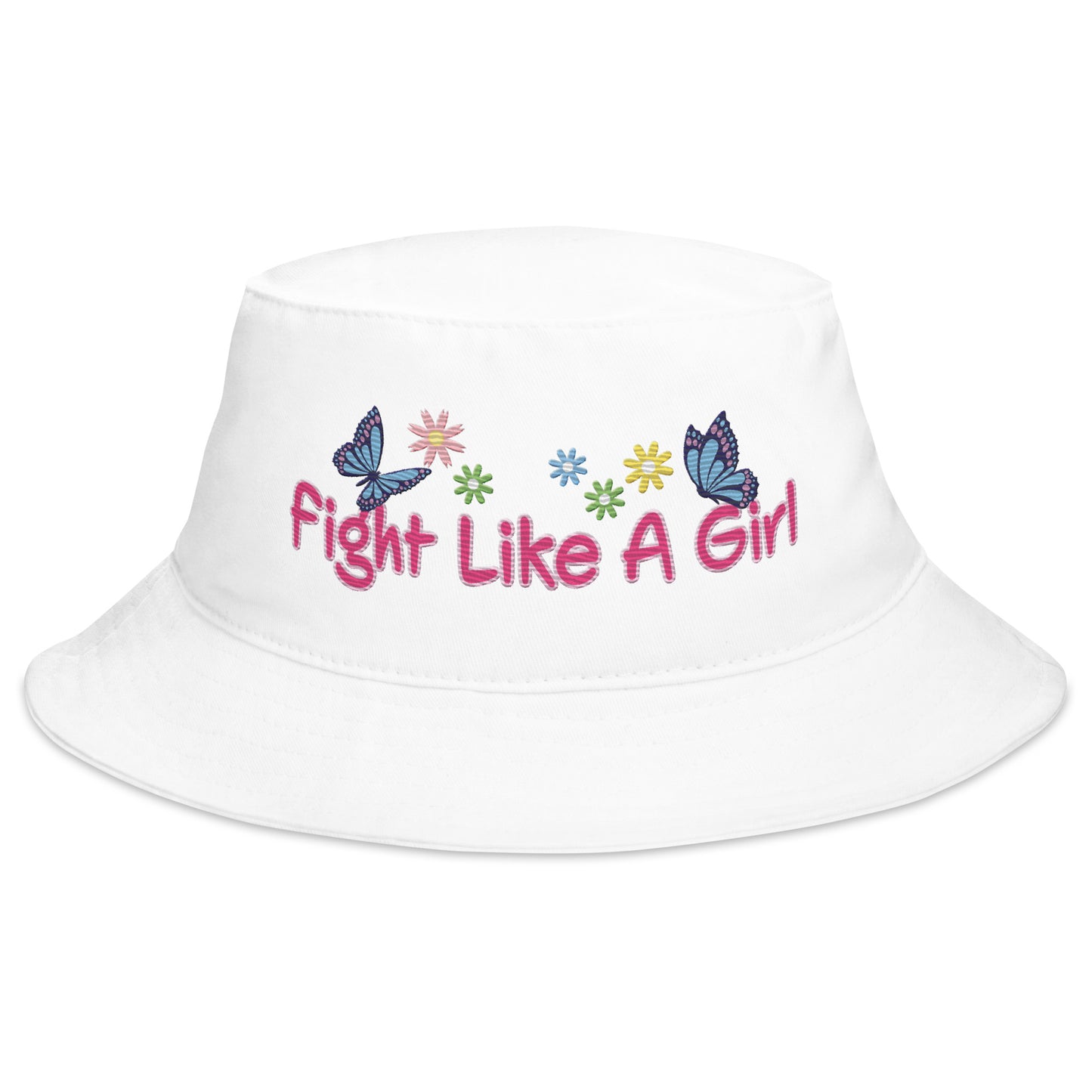 • Embroidered Bucket Hat in Cotton, 'Fight Like A a Girl'